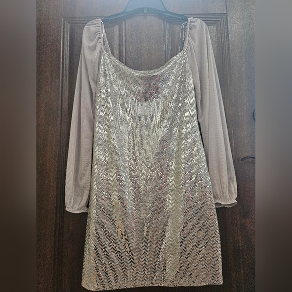 bebe Dresses & Skirts - NWOT BEBE Silver Sequin Dress with Sheer Sleeves